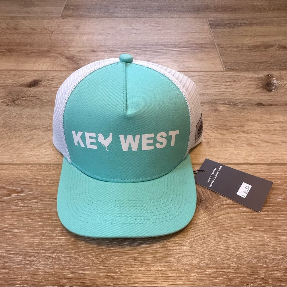 ⭐️NWT⭐️ Key West Rooster Flat Bill Trucker Hat Adjustable Back Aqua + White